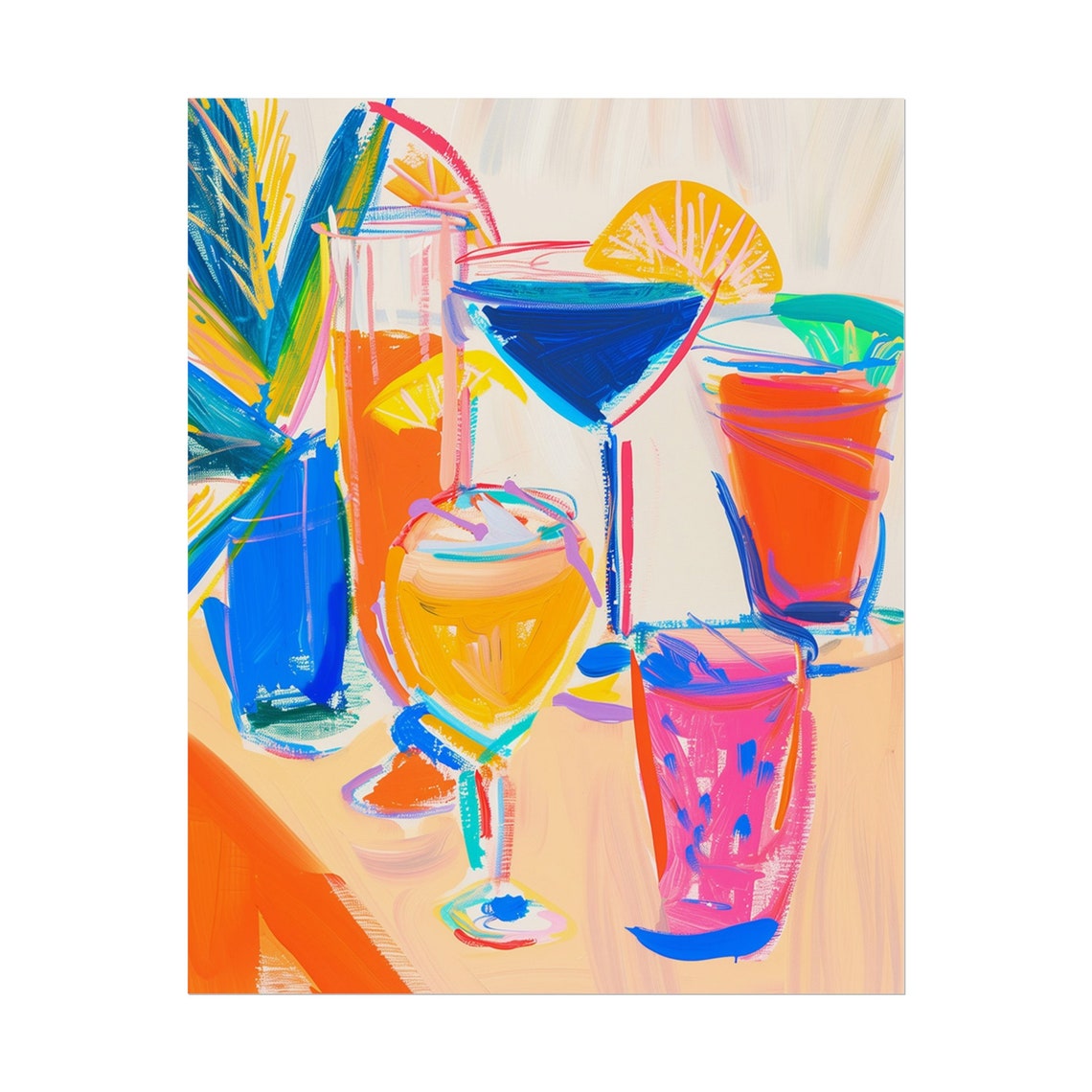 Blue Orange Pink Cocktail Glasses Table Scene Modern Bar Poster - Image 4