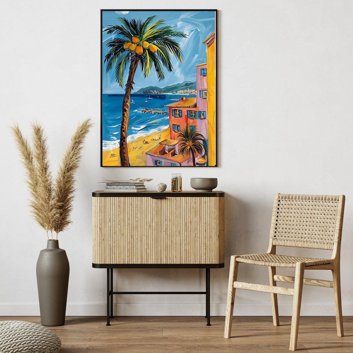 Tall Palm Tree Overlooking a Colorful Beach and Sailboats Poster - Image 5