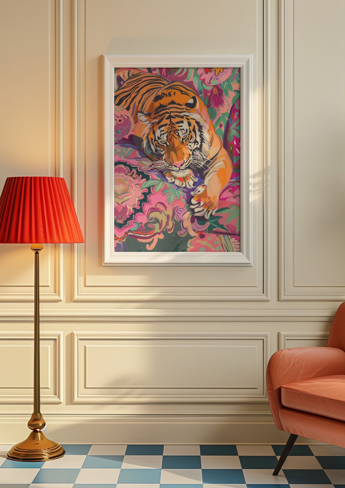 Orange Tiger Resting Among Pink Flowers Maximalist Art Print - Image 8