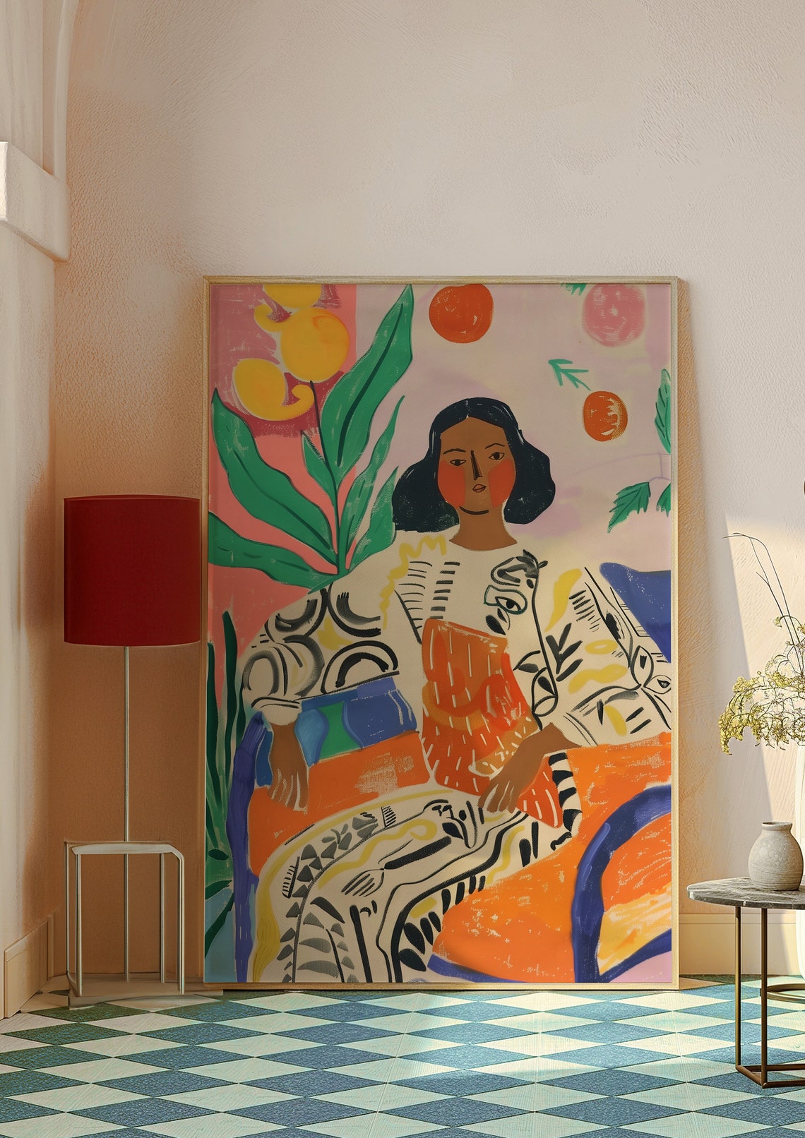 Serene Woman in Patterned Robe Beneath Citrus Fruit Trees Poster - Image 6