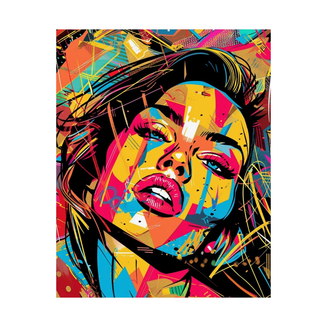 Neon Graffiti Woman Face Pop Art Poster With Paint Drip Details - Image 3