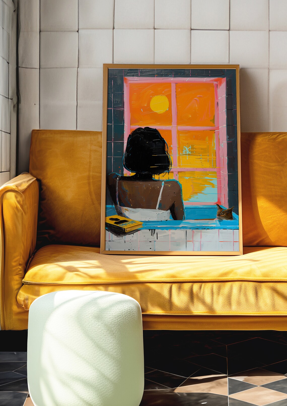 Woman Relaxing In Bath With Cat Sunset Window View Art Poster - Image 5