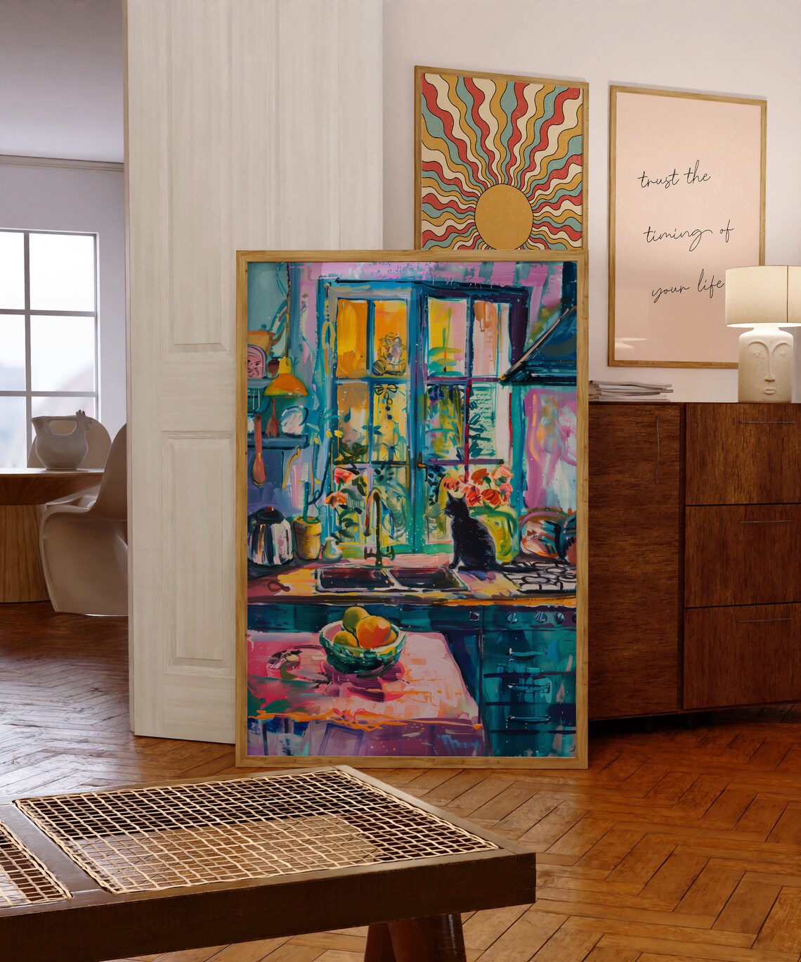 Cute Black Cat in a Colorful Sunny Kitchen by the Window Poster - Image 4