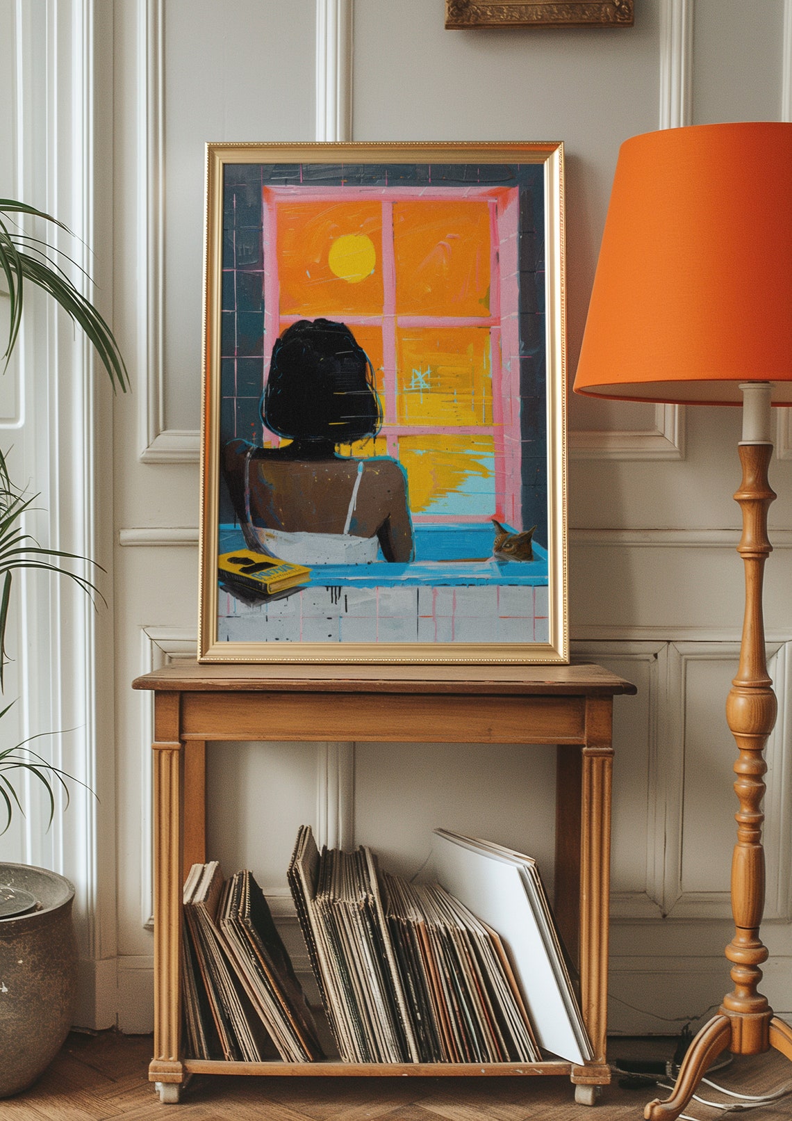 Woman Relaxing In Bath With Cat Sunset Window View Art Poster - Image 2