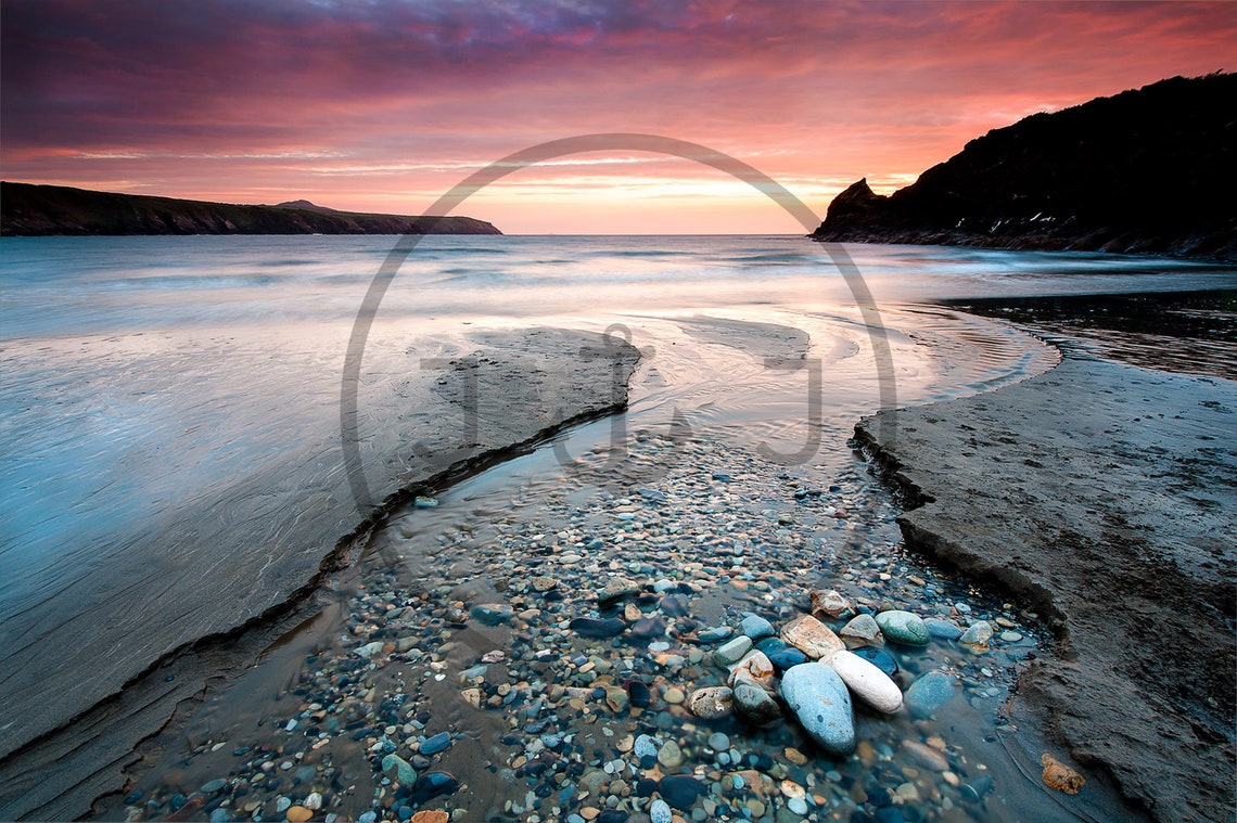 Abereiddy Beach Pembrokeshire Wales Sunset Pebble Stream Print - Image 3