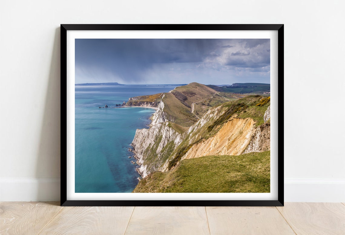 Worbarrow Bay White Chalk Cliffs Under Storm Clouds Dorset Poster