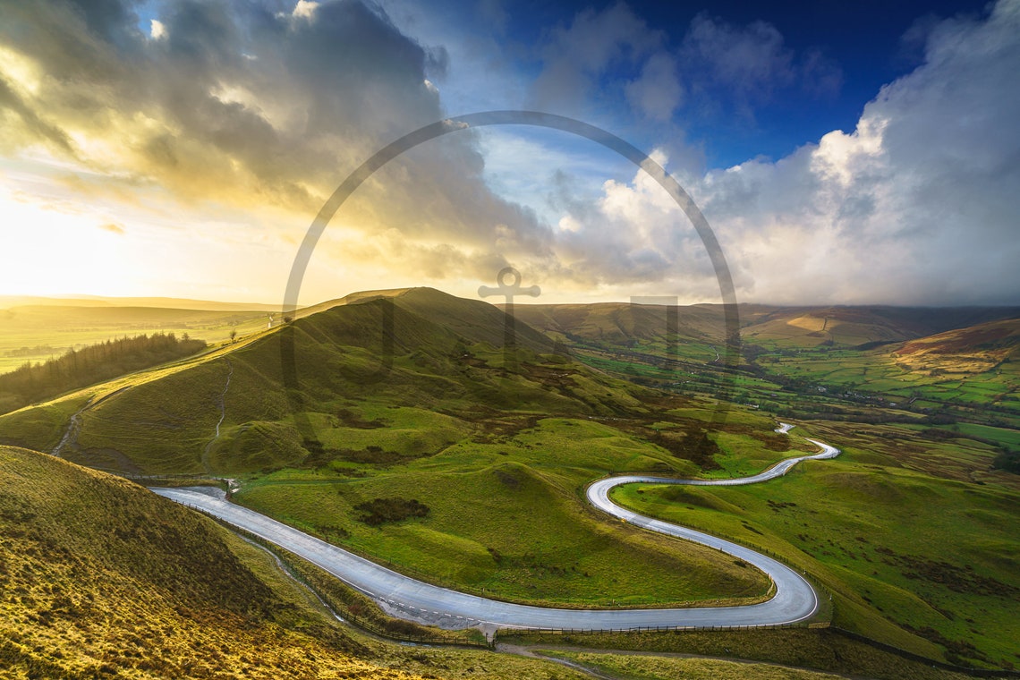 Mam Tor Peak District Winding Road Over Green Hills Sunrise Poster - Image 3