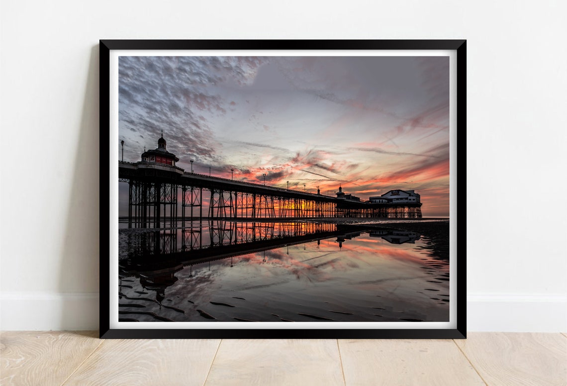 Blackpool Beach North Pier Sunset Reflection Silhouette Poster