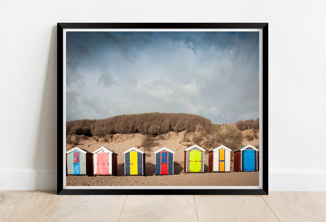 Saunton Sands Devon Colorful Beach Huts Dunes Dramatic Sky Poster