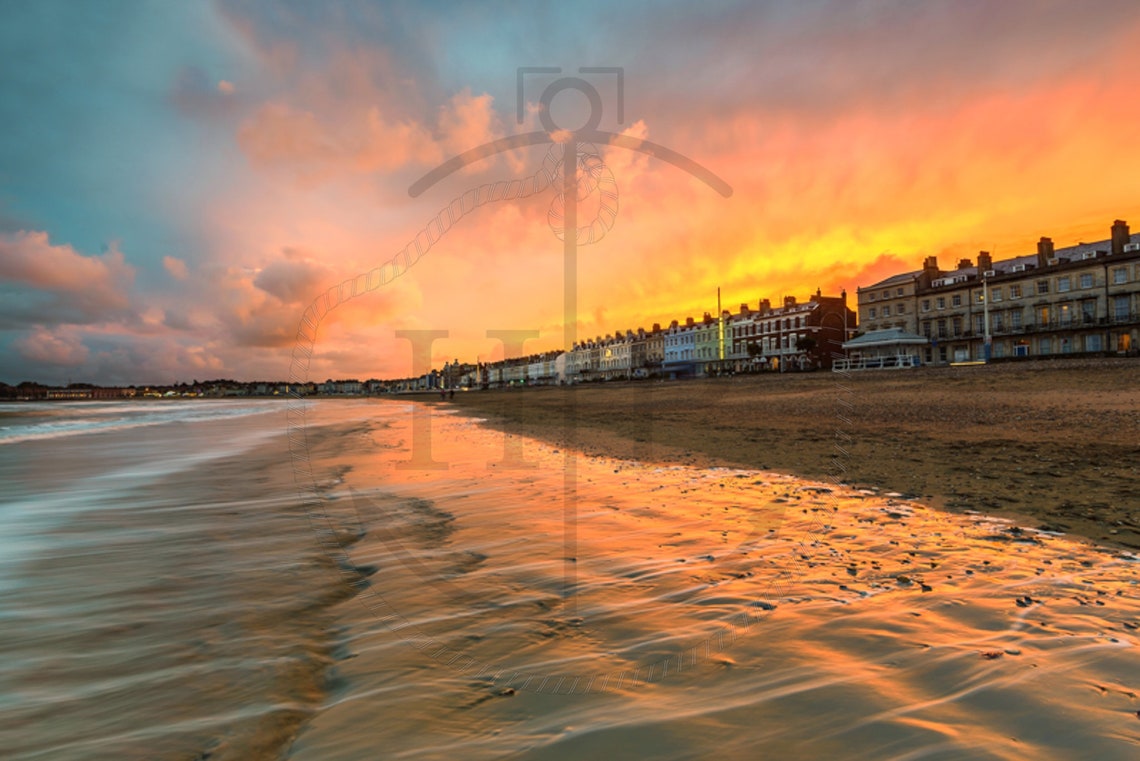 Weymouth Seafront Dorset Sunset Beach Rippled Sand Glow Poster - Image 3