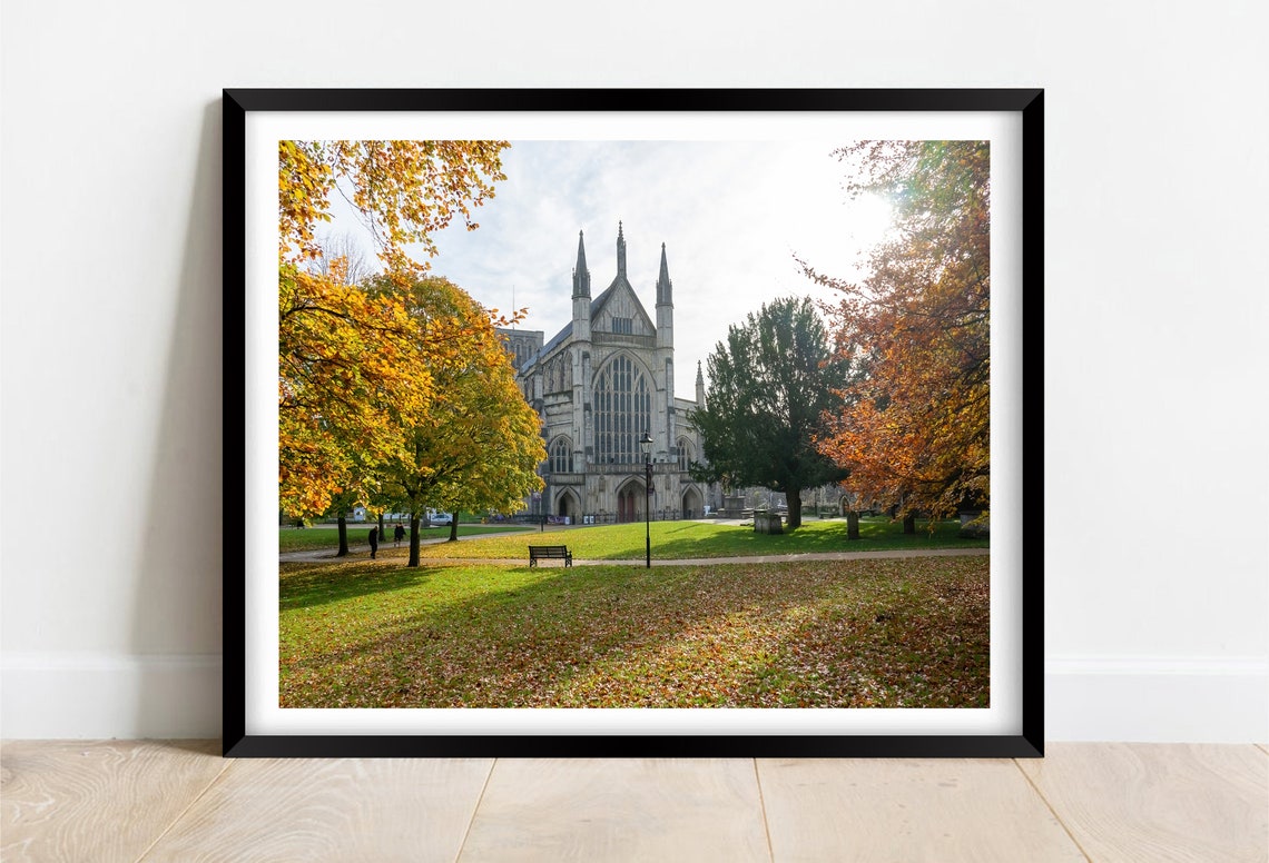 Winchester Cathedral In Golden Autumn Surrounded By Fall Trees Poster