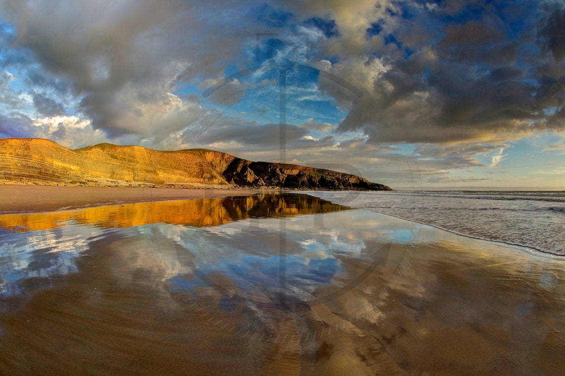 Witches Point Beach Bridgend Wales Golden Sunset Reflections Poster - Image 3