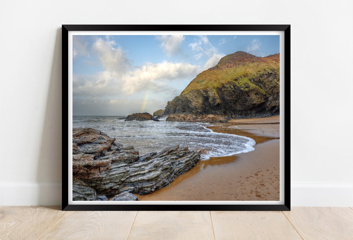 Llangrannog Beach Ceredigion Wales Rainbow Rocky Shore Print