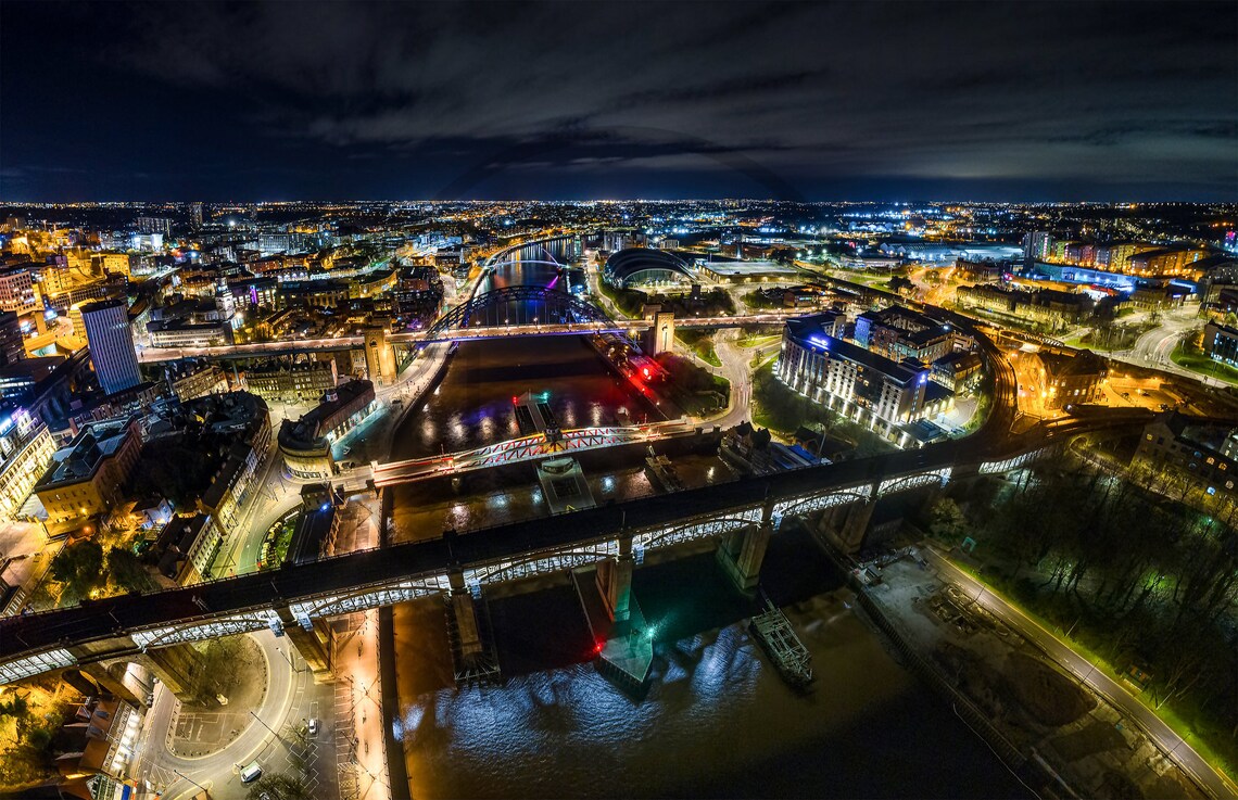 Tyne Bridge Newcastle Upon Tyne Night Aerial Of City Lights Poster - Image 3