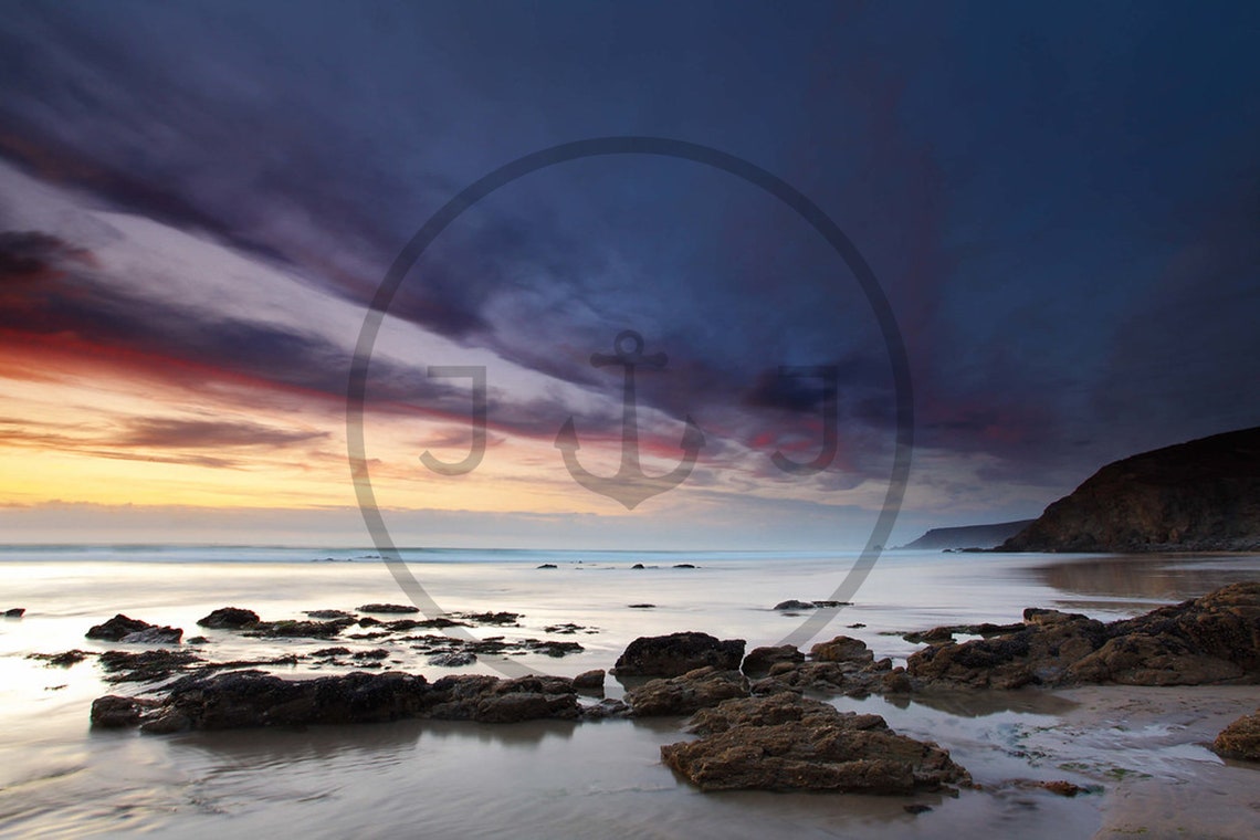 Porthtowan Beach Cornwall Sunset Dramatic Clouds Shore Poster - Image 3
