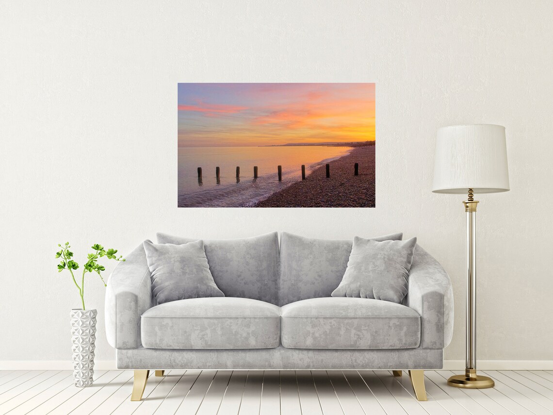 Pevensey Bay East Sussex Sunset Shingle Beach Groynes Poster - Image 2