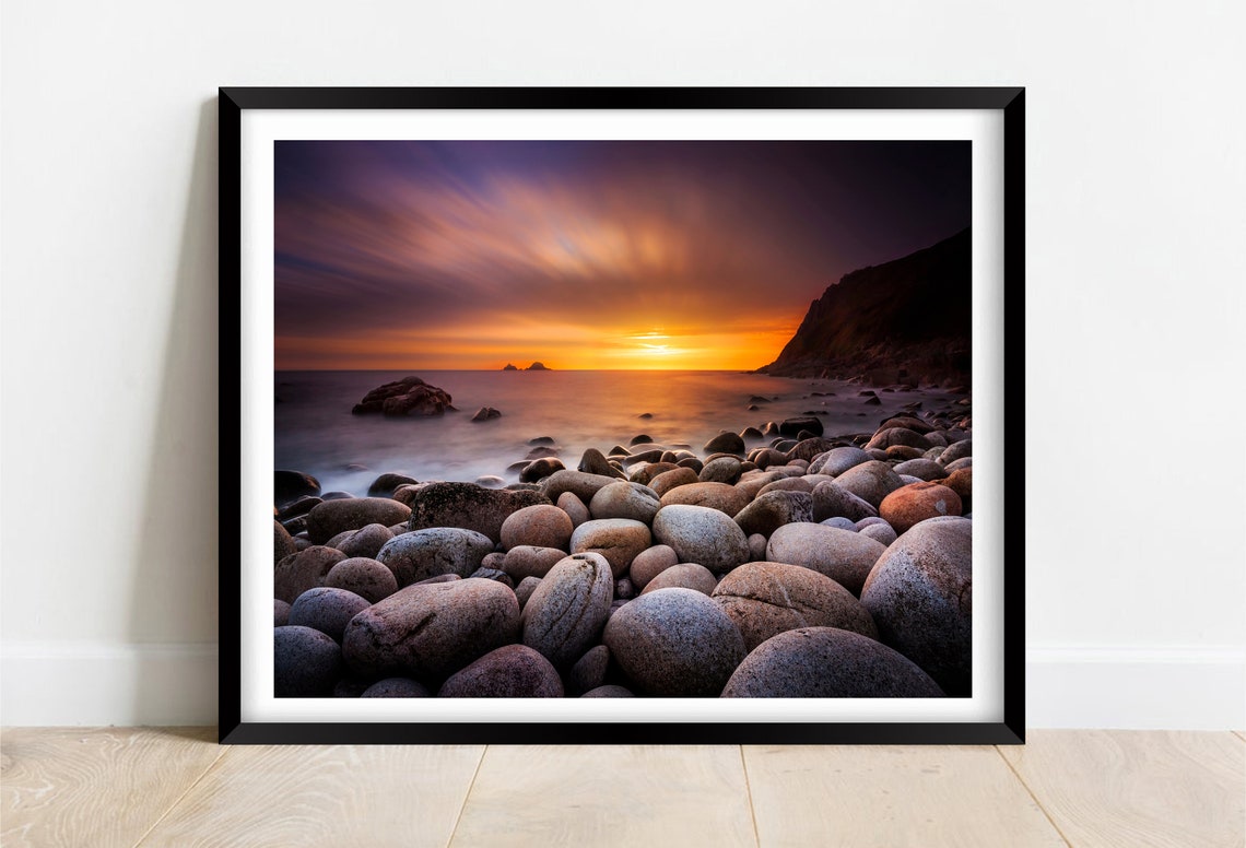 Porth Nanven Cornwall Boulder Beach Fiery Sunset Glow Poster