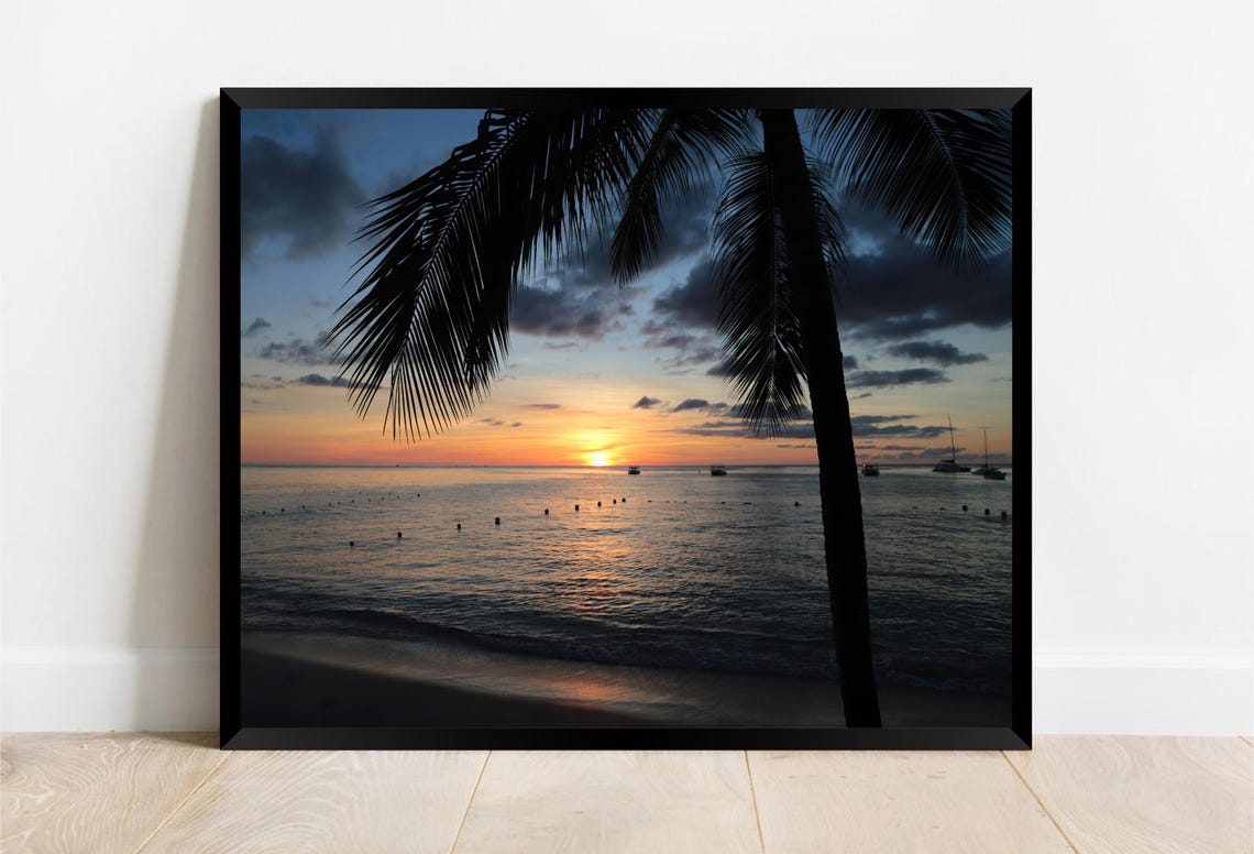 Palm Tree Silhouette Sunset Over Calm Tropical Sea Boats Poster - Image 2