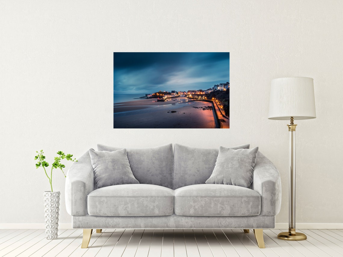 Tenby North Beach Wales Dusk Town Lights Harbour Evening Poster - Image 2