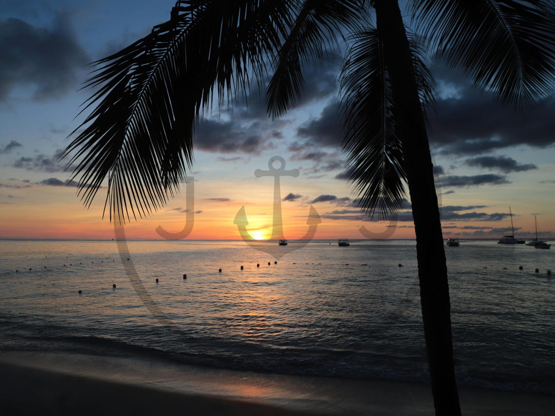Palm Tree Silhouette Sunset Over Calm Tropical Sea Boats Poster - Image 3