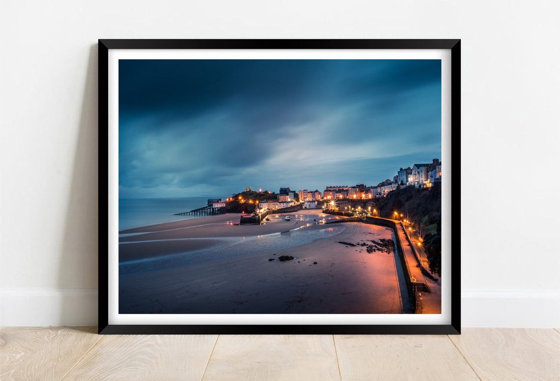 Tenby North Beach Wales Dusk Town Lights Harbour Evening Poster