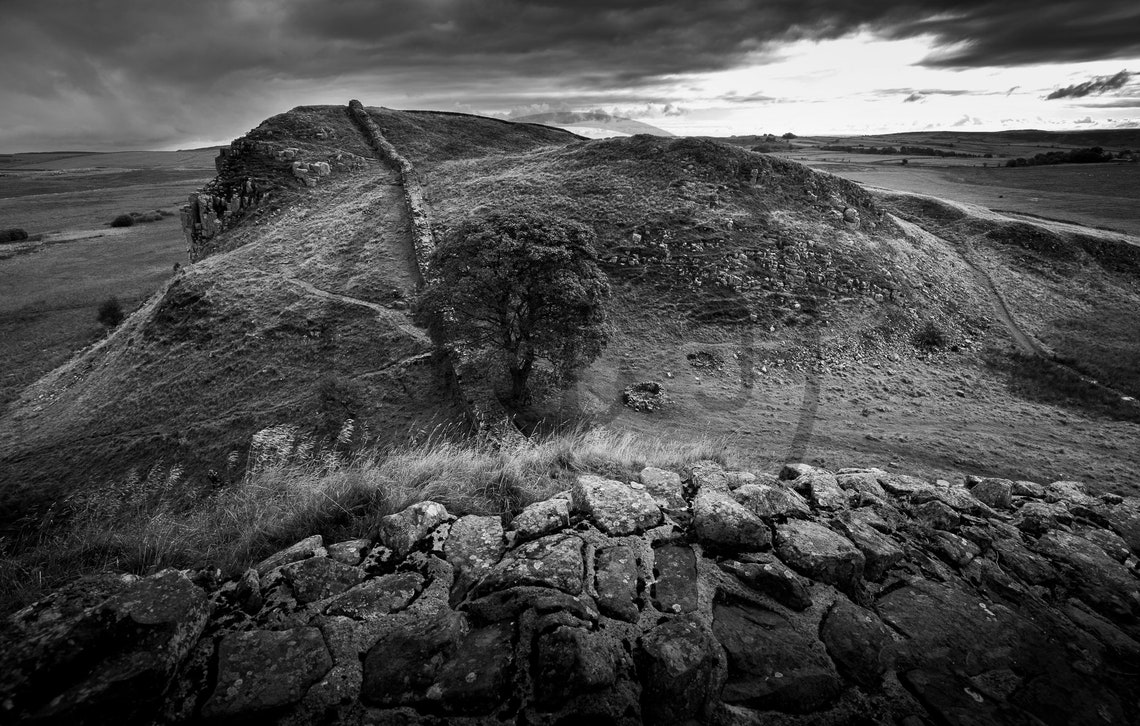 Hadrians Wall Cumbria Black And White Roman Crag Landscape Print - Image 3