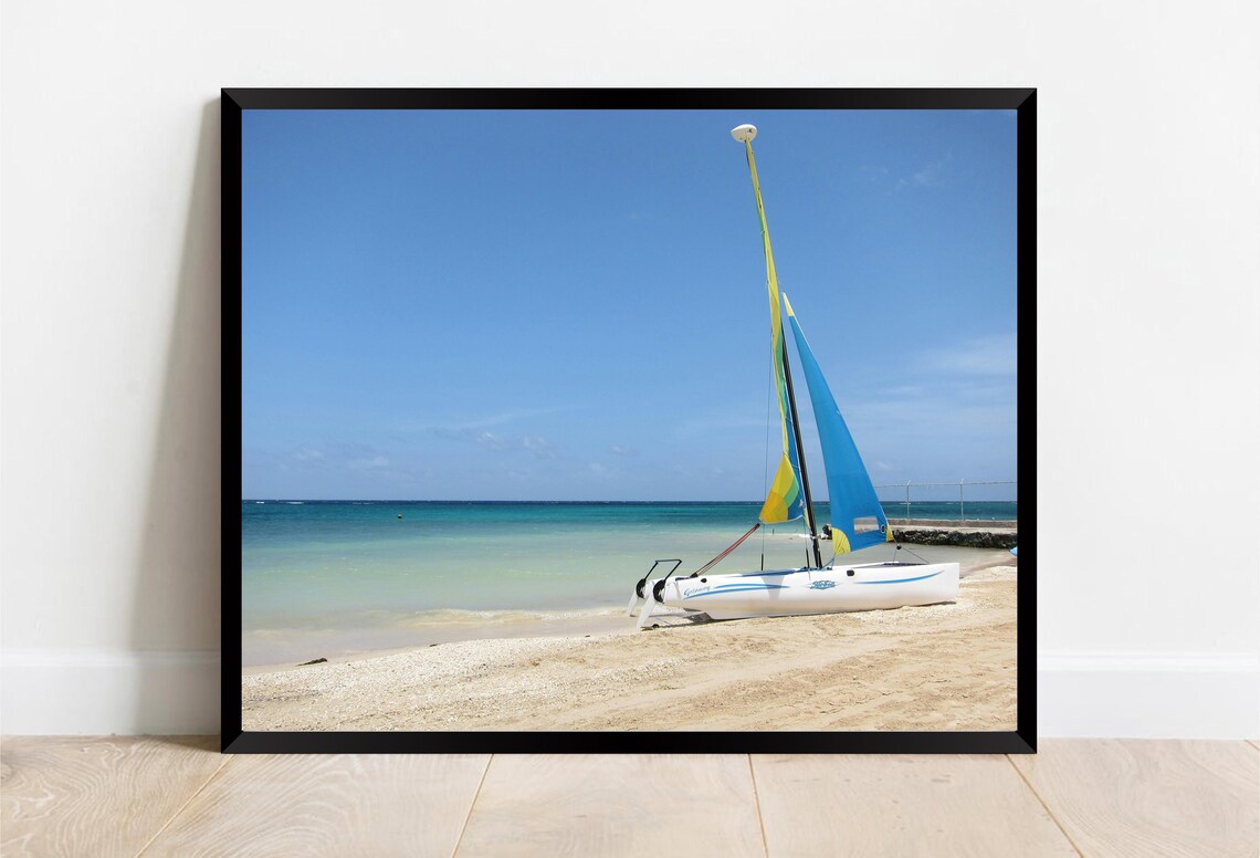 Catamaran Sailboat on White Sand Beach Turquoise Sea Day Poster - Image 2
