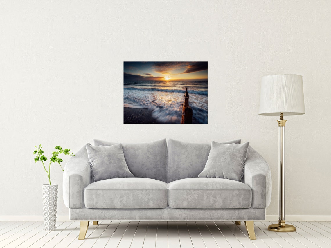 Teignmouth Beach Devon Sunset Surf with Wooden Groynes Poster - Image 2