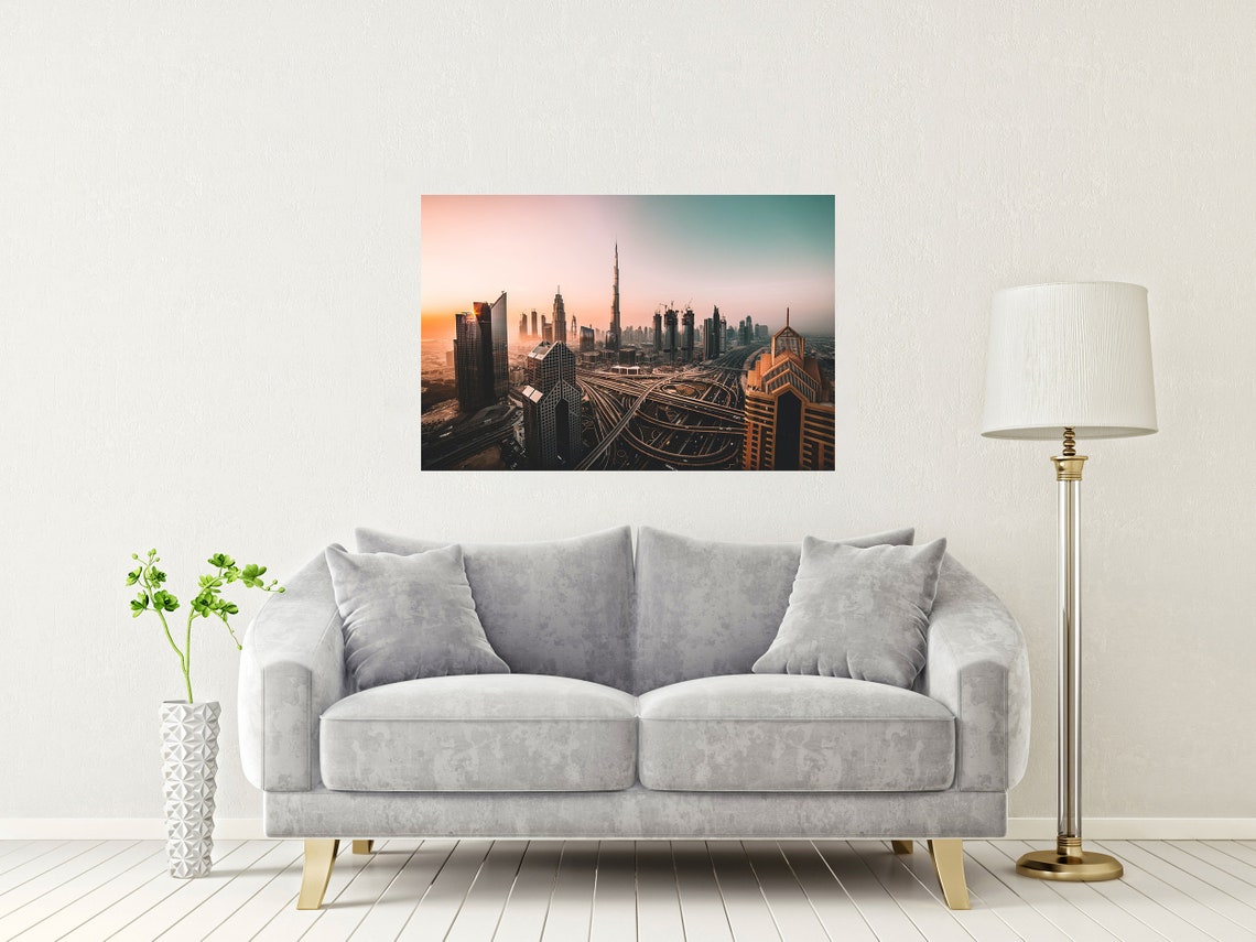 Dubai Skyline Sunset with Burj Khalifa and Highway Lights Poster - Image 2