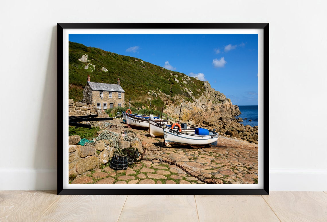 Penberth Cove Cornwall Fishing Boats Stone Cottage Cove Scene Poster