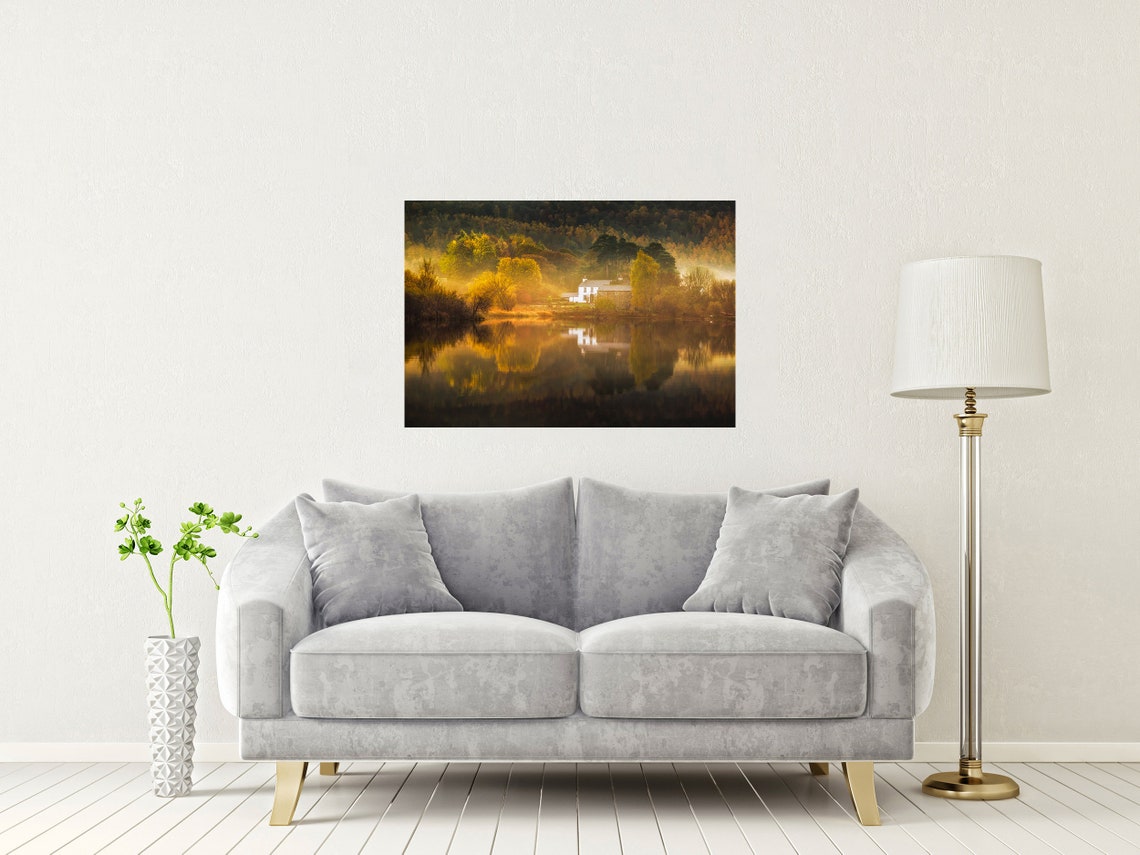 Lake District Misty Morning Cottage with Lake Reflection Poster - Image 2