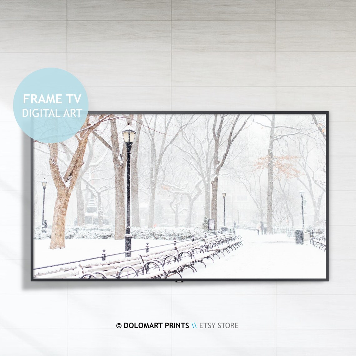 Snowy Park Path With Benches And Lampposts Winter Wonderland Poster