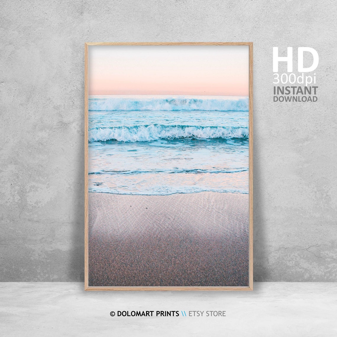 Pastel Pink Sky Over Gentle Ocean Waves Sandy Beach Photography Poster - Image 4