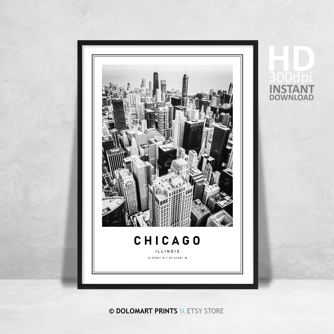 Chicago Illinois Skyline Art Print, Black and White