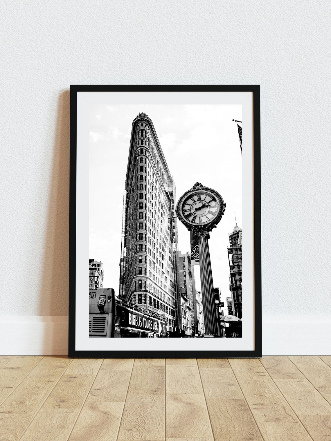Flatiron Building Fifth Avenue Clock Black And White NYC Poster