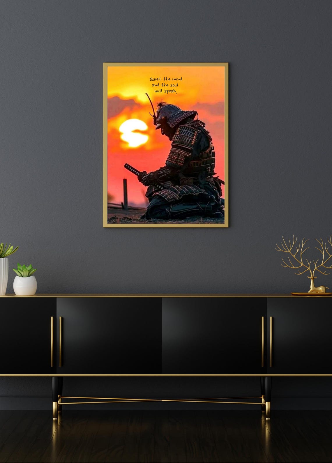 Armored Samurai Kneeling Before Blazing Sunset Soul Quote Poster