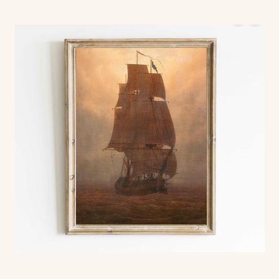 Vintage Sailboat Print Sailing Ship Wall Decor Antique Painting Wall Art Neutral Moody Artwork Ship At Sea Original Art