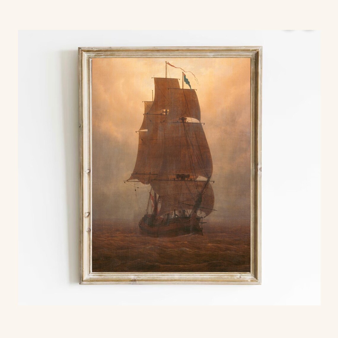 Vintage Tall Ship Full Sails Golden Sunset Maritime Oil Painting Wall Art