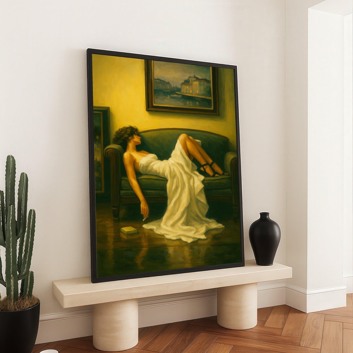 Woman In White Dress Reclining On Sofa Classical Oil Painting Poster