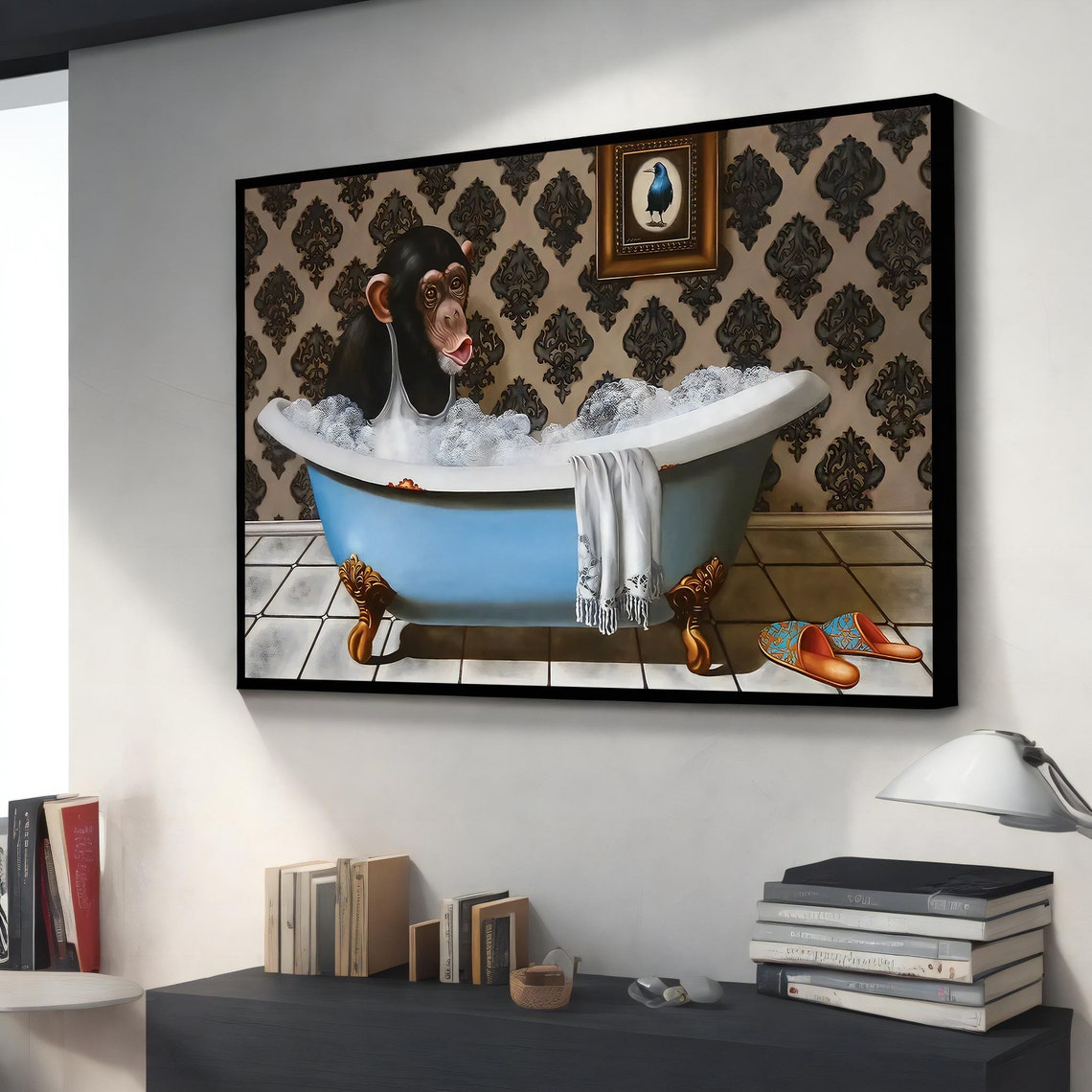Funny Monkey in Bubble Bath Clawfoot Tub Quirky Bathroom Animal Poster