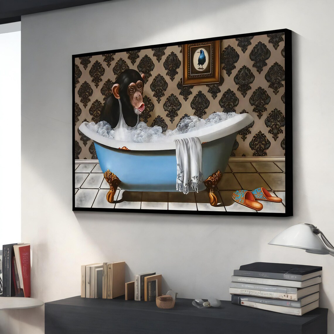 Monkey In The Bathtub Canvas Art Quirky Animal Wall Decor Modern Home Styling Unique Housewarming Gift