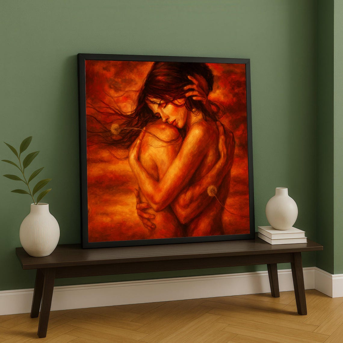 Embracing Couple Warm Orange Romantic Painting Bedroom Wall Art