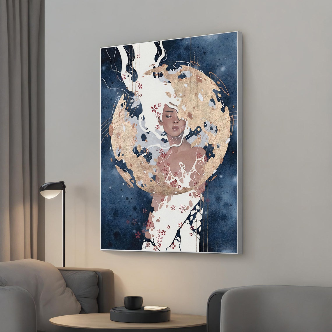 Surreal Moon Woman Gold Leaf Navy Abstract Dream Portrait Poster