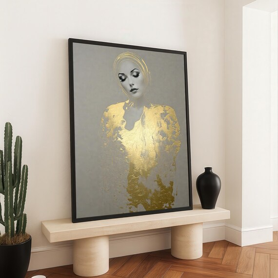 Golden Abstract Woman Portrait Elegant Minimalist Face Wall Art Luxury Gold Foil Style Canvas For Bedroom Or Vanity Decor