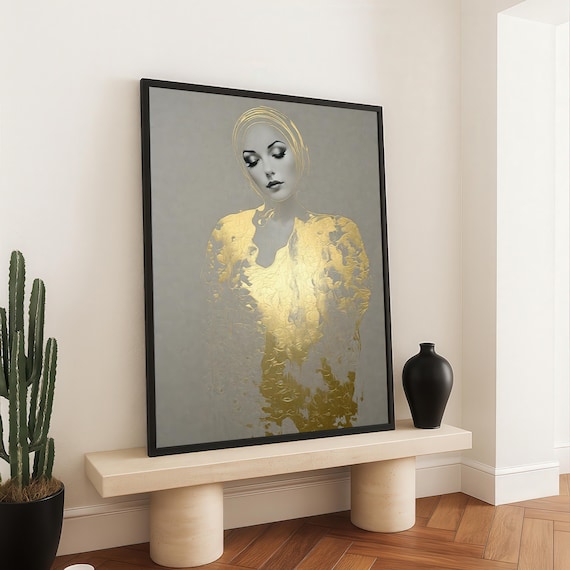 Golden Abstract Woman Portrait Minimalist Grey Luxury Art Print