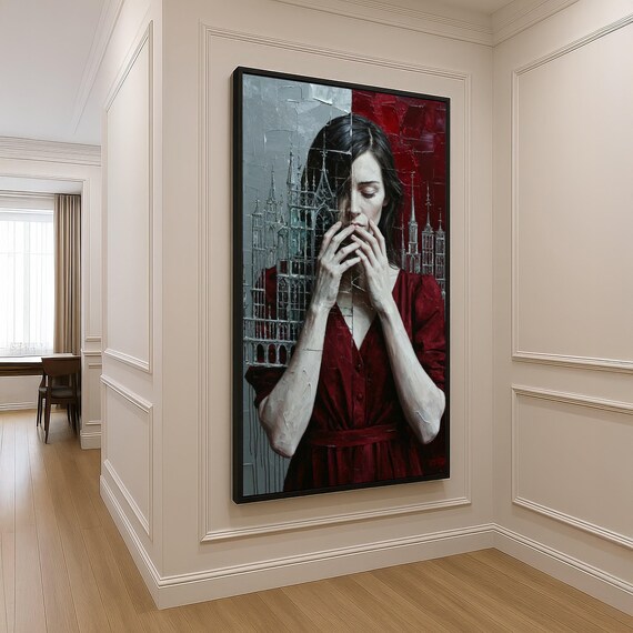 Contemplative Woman Red Dress Gothic Cathedral Romantic Art Poster