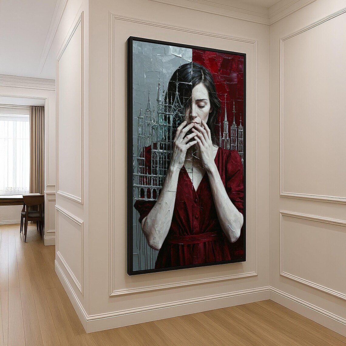 Contemplative Woman Red Dress Gothic Cathedral Romantic Art Poster