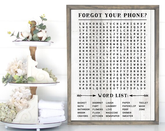 Bathroom Word Search Print Faux Grey Wood Background Bathroom Decor Funny Bathroom Wall Decor Custom Home Decor Modern Farmhouse