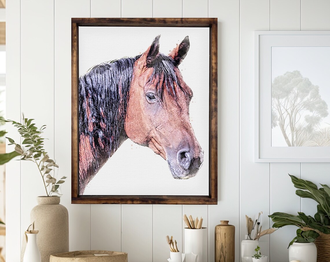 Watercolor Effect Horse Portrait Equestrian Art Framed Poster