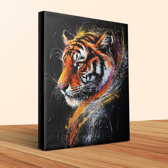 Majestic Tiger Splash Art Profile Black Canvas Wildlife Poster